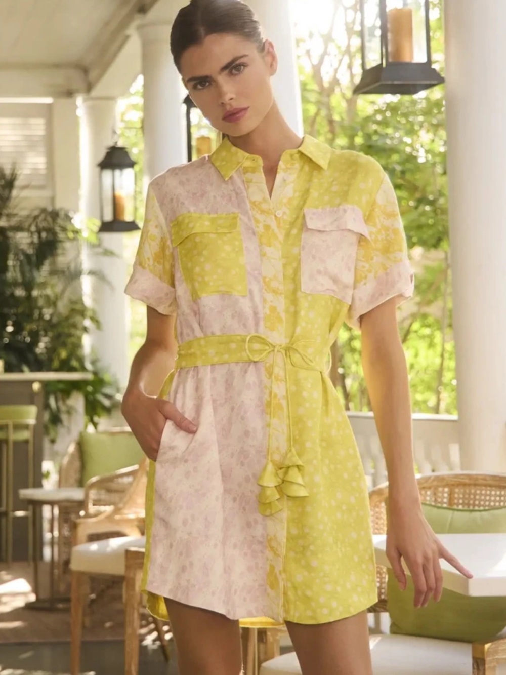 Hunter Bell Yellow & Pink Short Shirt Dress with Tie Waist Small